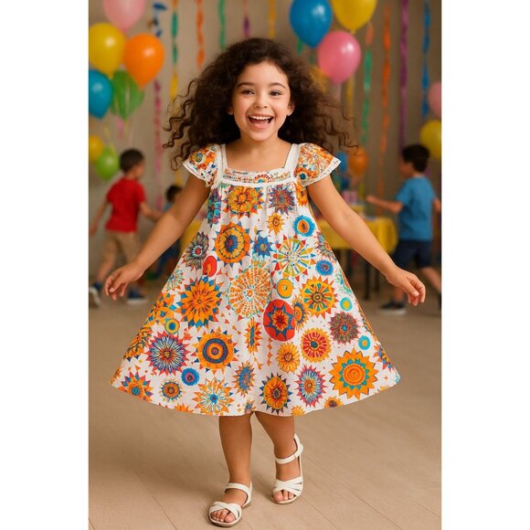 Floral Princess Toddler Girl Dress 4 Bohemia Button Lace Sleeveless Sunflower - Picture 3 of 7